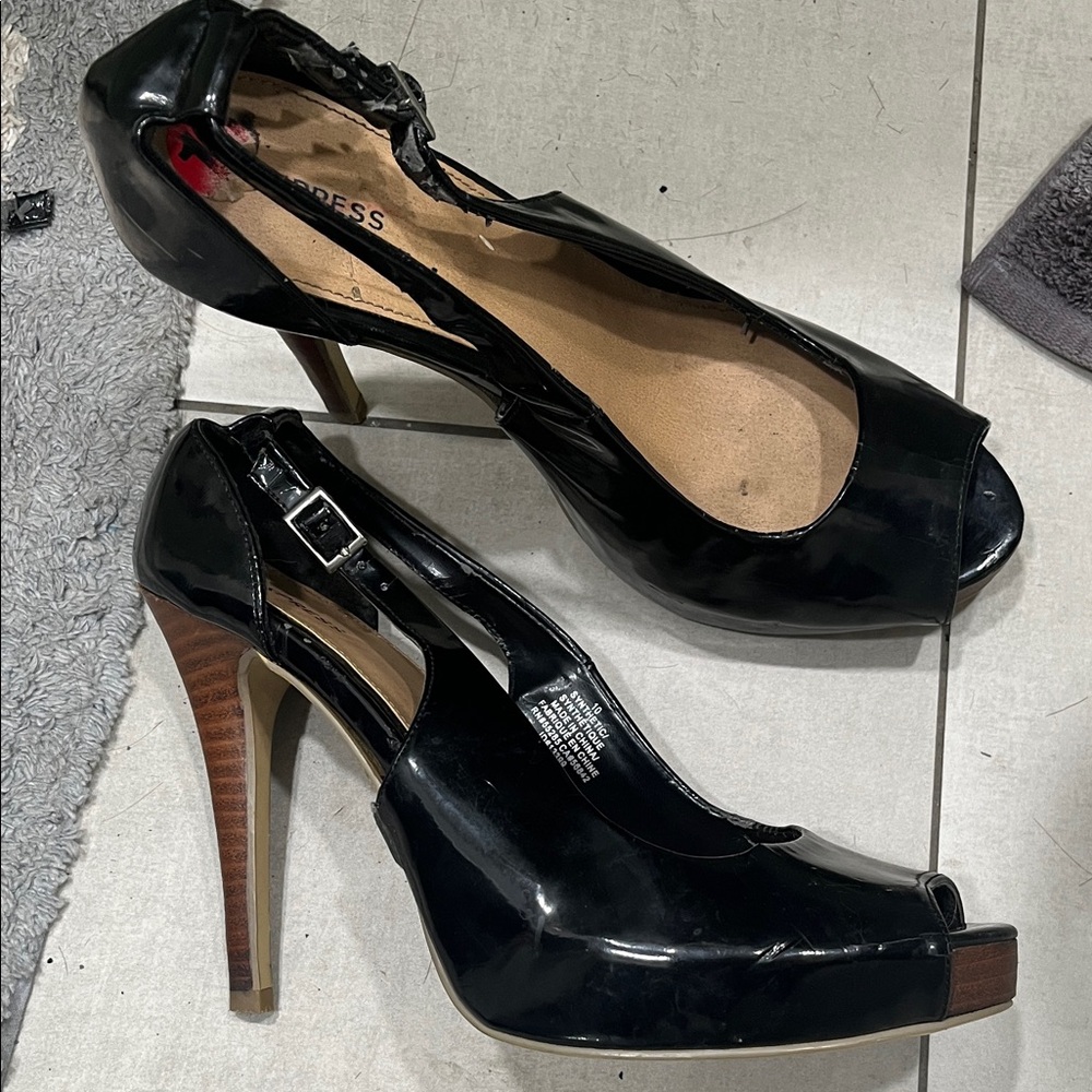 Express Glossy Black Peep Toe Sling Back Heels